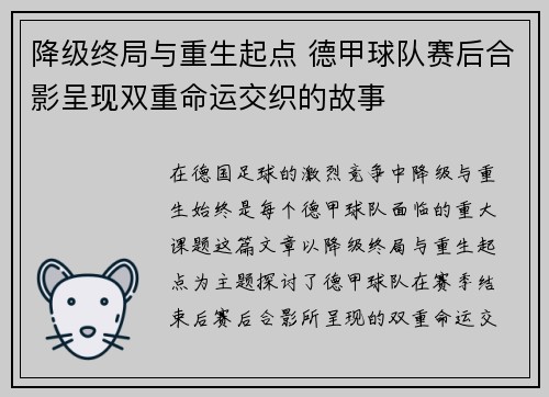 降级终局与重生起点 德甲球队赛后合影呈现双重命运交织的故事